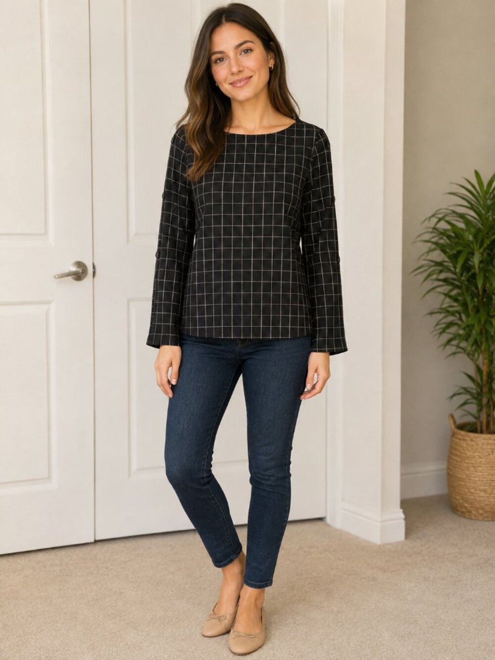 J Jill Ponte black knit tunic top with windowpane design, size MP